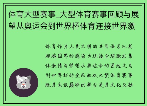 体育大型赛事_大型体育赛事回顾与展望从奥运会到世界杯体育连接世界激发无尽激情